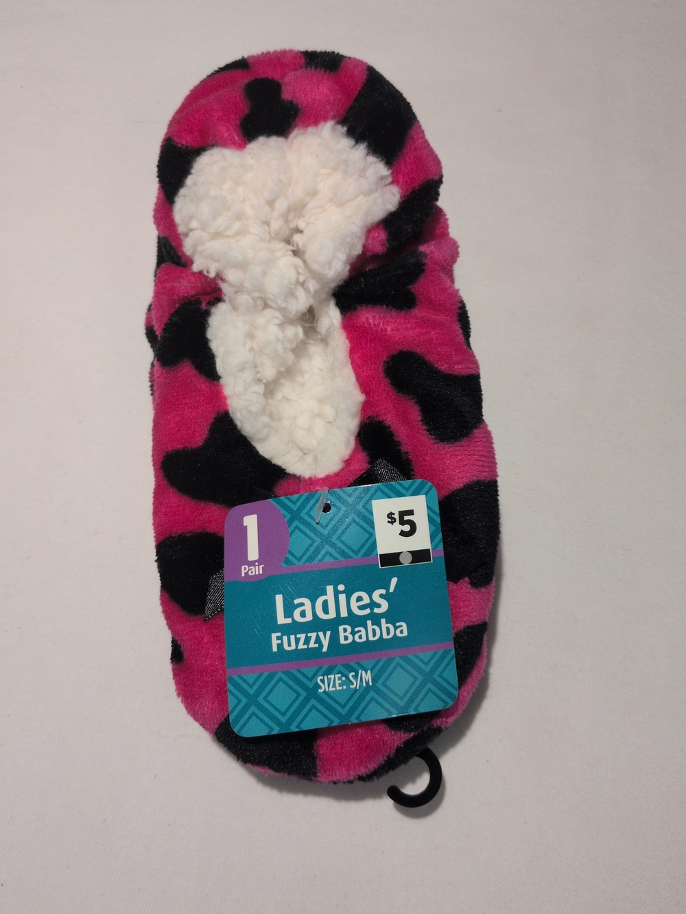 Ladies' Fuzzy Babba Slipper Socks - Pink & Black